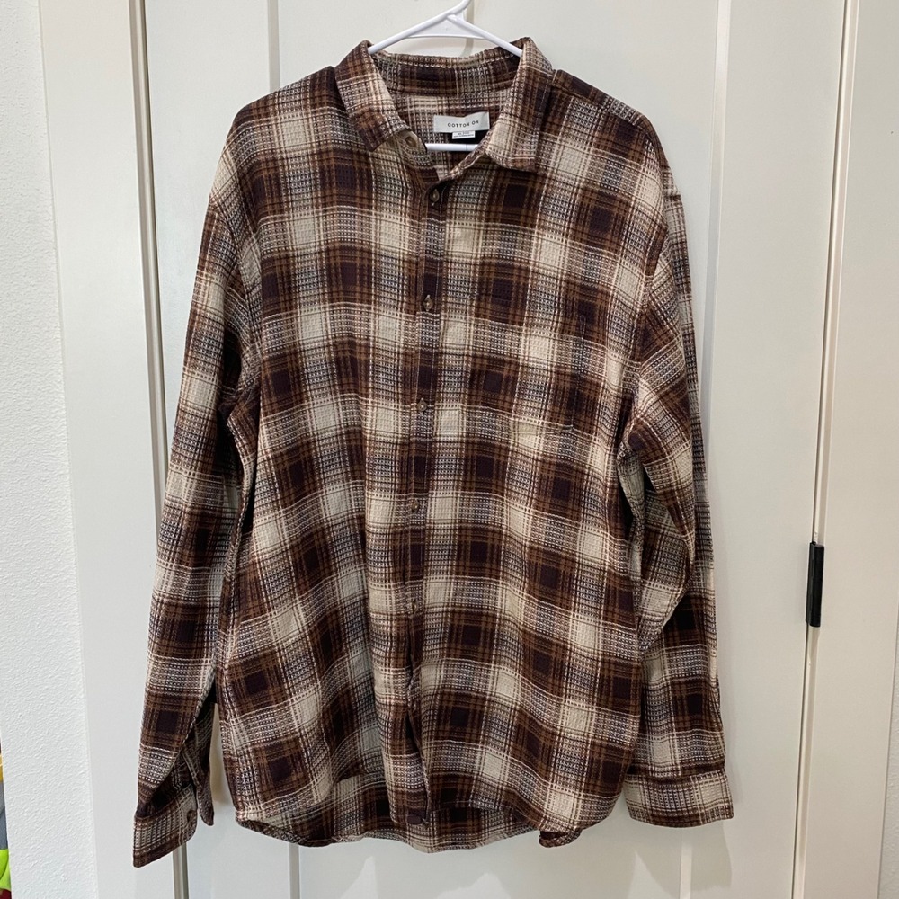 Cotton On Men's Boston Long Sleeve Button Down. XL. Chocolate Waffle‎ Check. NWT